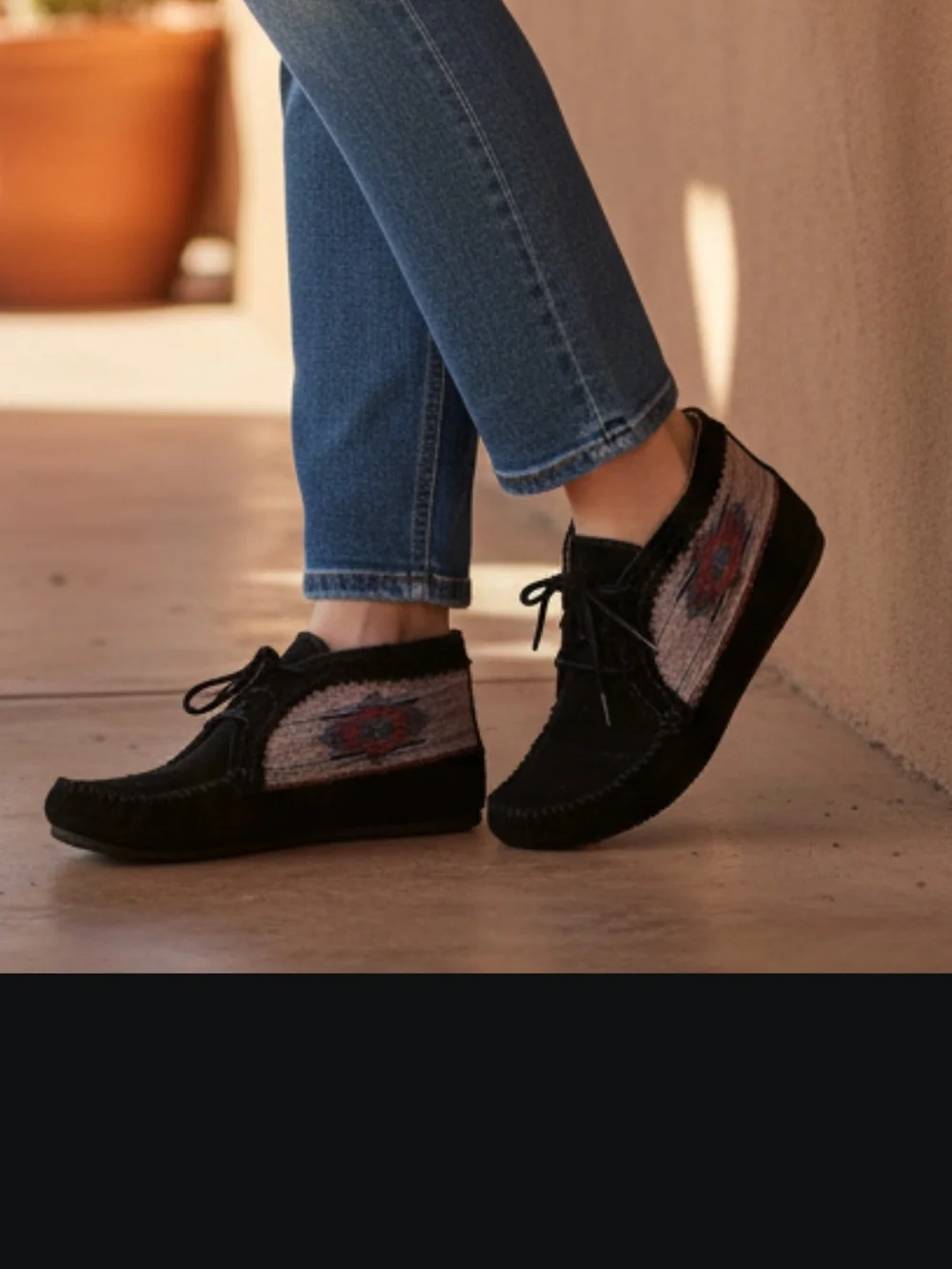 Women's Black Suede Moccasin Ankle Shoes with Southwestern Accent Size 10